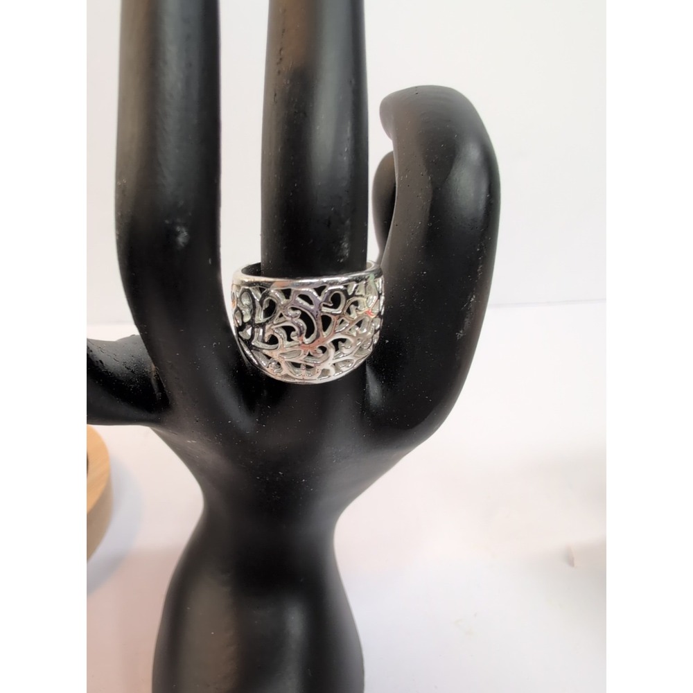 Dome Ring Silver Stainless Steel Cut Out Figures Filigree Size 8.5 Vintage